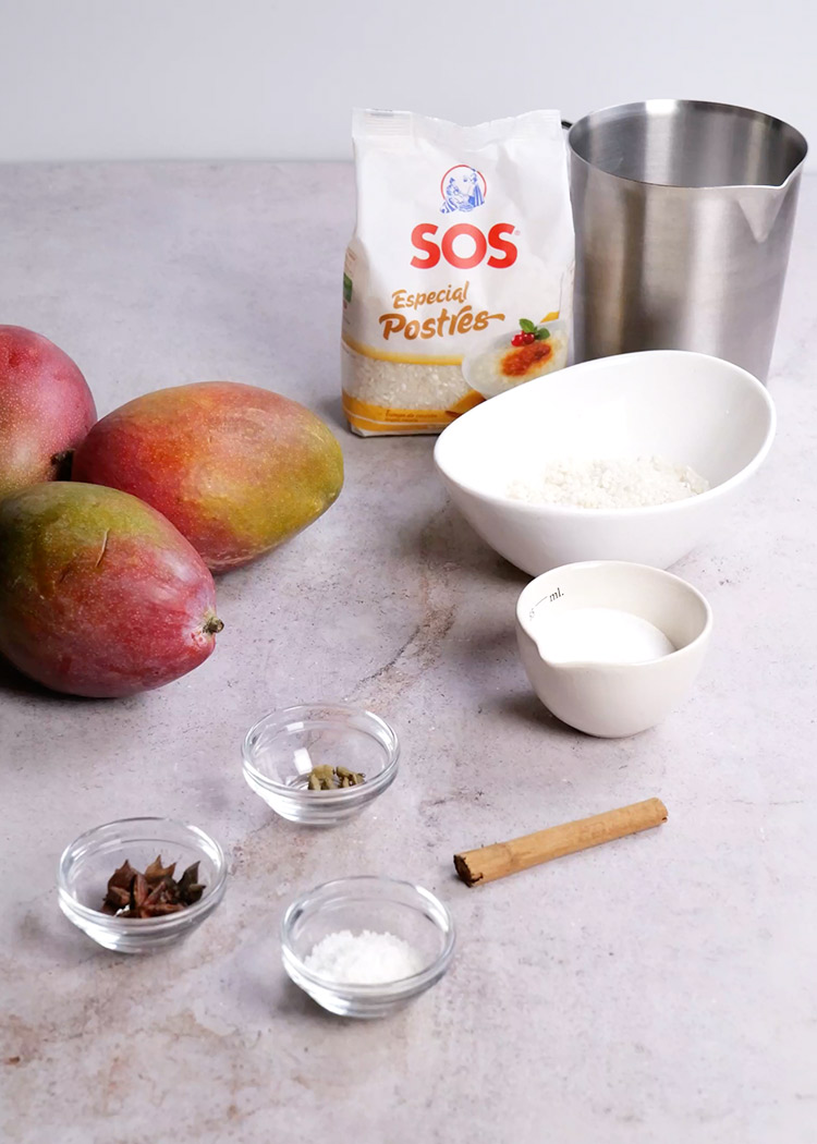 Ingredientes de arroz con leche de coco y mango