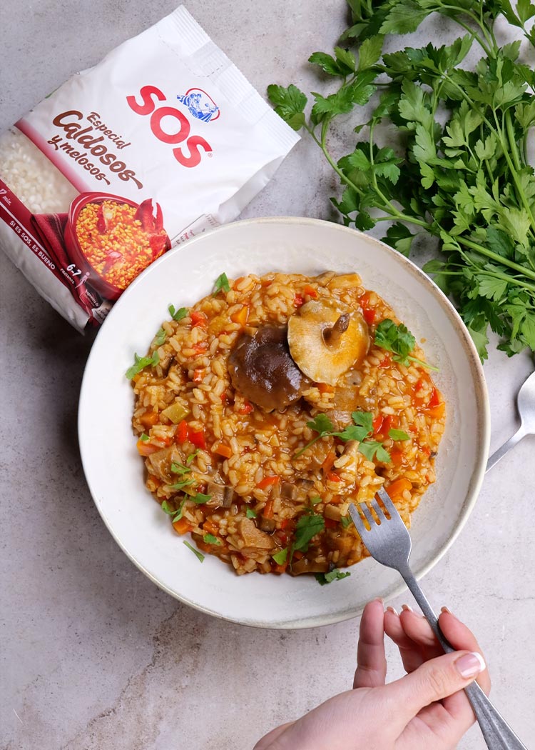 Presentación de arroz con setas y verduras